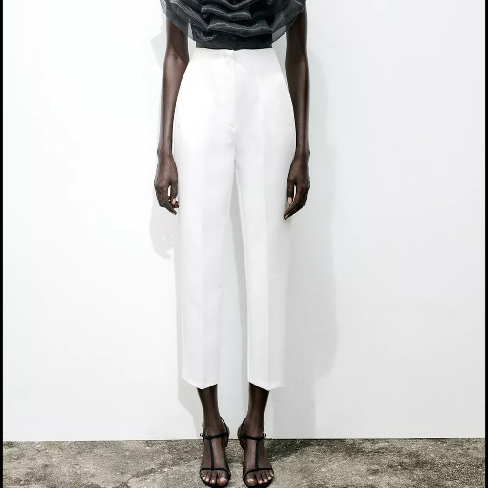 Zara White High Waist Cropped Ankle Pants